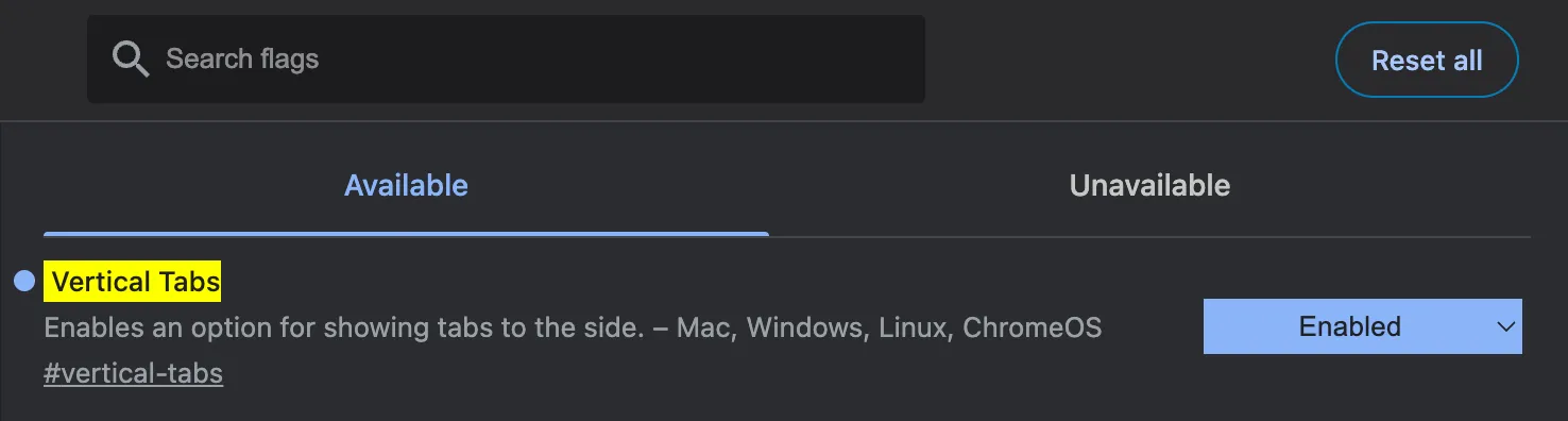 Chrome flags page with Vertical Tabs set to Enabled