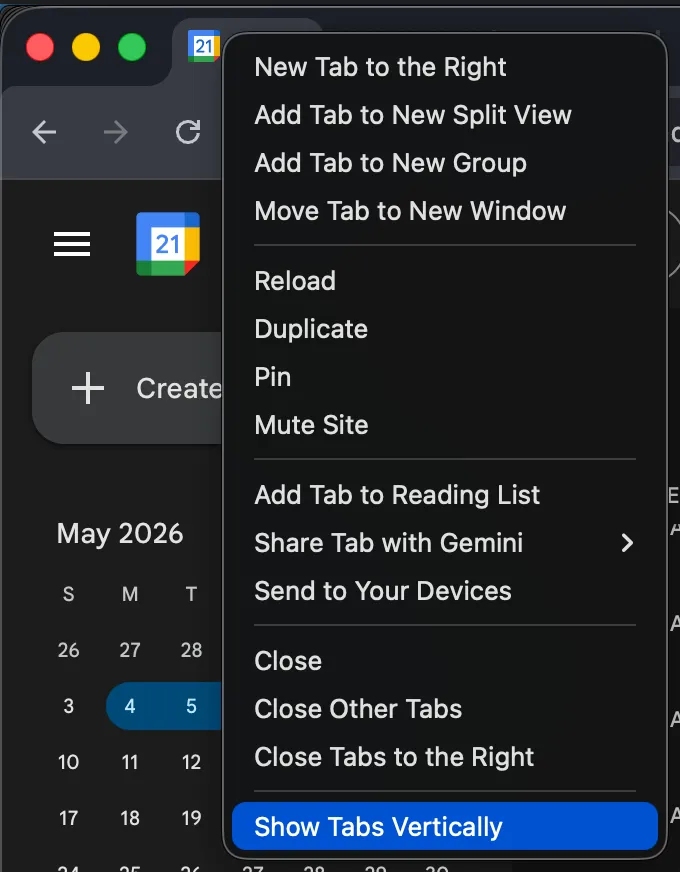 Right-click context menu showing Show Tabs Vertically option