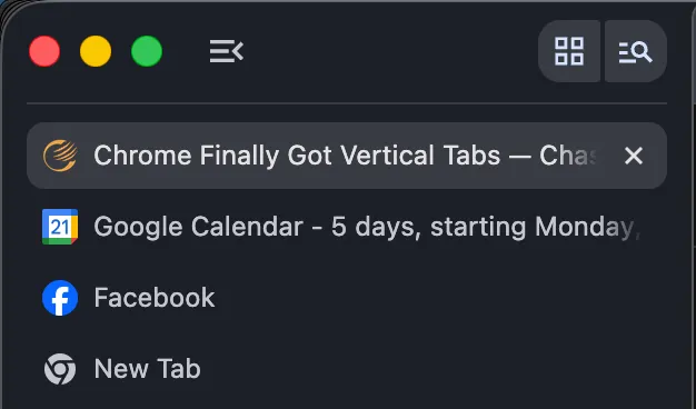 Chrome with vertical tabs enabled showing tabs stacked on the left side